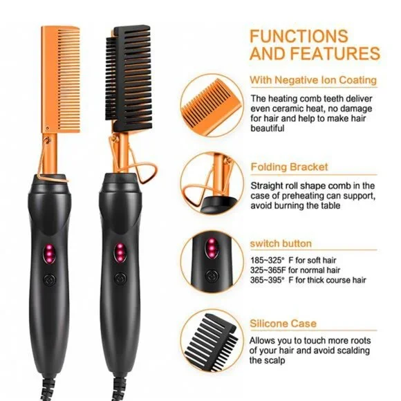 Hot Comb Set, Electric Hair Straightener Comb Curling Iron for Natural Black